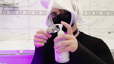 Cute sissy femboy slut plays with her ass with sex toys from small to big