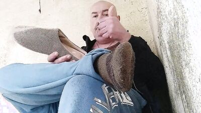 Good fat plump daddy with a moustached vicious pot-bellied showing off under a country bus shelter