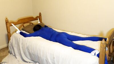 Gagged and Blindfolded tied to the bed with socks in a haunted house