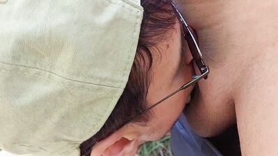 Young beach cruising twink gets to taste a mature outdoor cumshot on his tongue