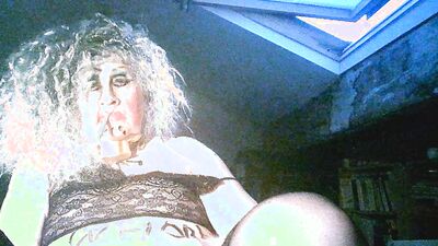 Sissy bimbo shitcunt fag pig slut Sarah Millward, smokes, wanks, double penetrates herself with 9 inch balck dildo