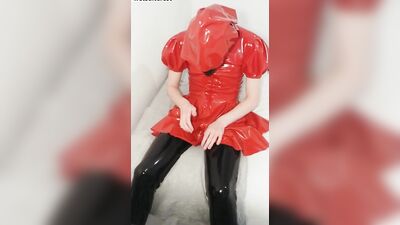 Cumshot breath play gas mask rebreather bag in red latex hooded swing dress skirt and black rubber stockings wetsuiterest