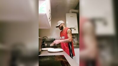 Muscular man has romantic sex in the kitchen
