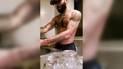 Muscular man has romantic sex in the kitchen