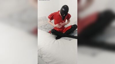 Cum breath play gas mask rebreather bag in red latex hooded swing dress and black rubber stockings wetsuiterest
