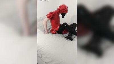 Cum breath play gas mask rebreather bag in red latex hooded swing dress and black rubber stockings wetsuiterest