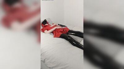 Cum breath play gas mask rebreather bag in red latex hooded swing dress and black rubber stockings wetsuiterest