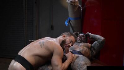 Inked Up Muscle Smashes Bearded Hunk - RagingStallion