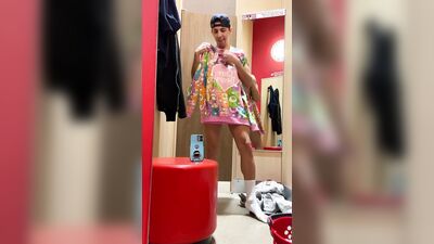 Horny sissy caged twink fucking in a dressing room with dildo while trying on girly clothes