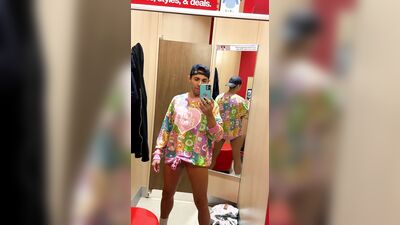 Horny sissy caged twink fucking in a dressing room with dildo while trying on girly clothes