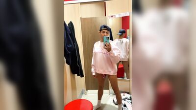 Horny sissy caged twink fucking in a dressing room with dildo while trying on girly clothes