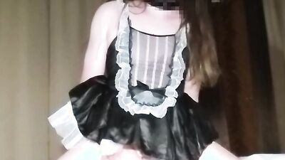 crossdresser maid got unexpected first time dildo ride with cum firework in the end