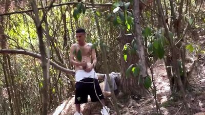 He was spying on me when I was masturbating in the bush and I made him take cock