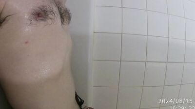 Fucking myself with Chance XXL deep in the shower with a flat cage with long urethra tube