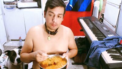 M a x x eats from a dog bowl in a dog collar