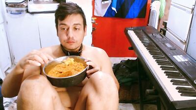 M a x x eats from a dog bowl in a dog collar