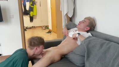 Twink invited his twink friend with a big dick over and seduced him into giving him a blowjob