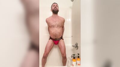 Bearded, vocal, Jock strap wearing Italian, taking dildo