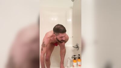 Bearded, vocal, Jock strap wearing Italian, taking dildo