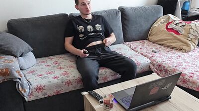 Horny Boy watches Porn on laptop and TV at the same time and Masturbates his Big Cock until Orgasm