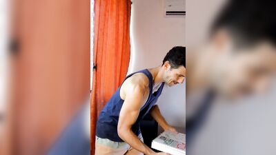 Gay pizza guy masturbates and cums a lot