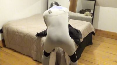 wetsuited guy humps his jeans wearing sex doll