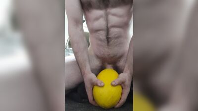 Horny teen fucks honey dew melon and made the hole way to small haha