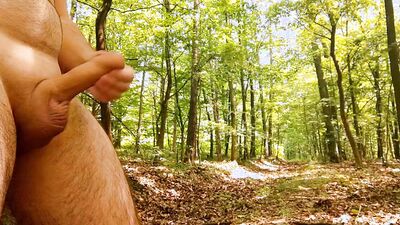 Long jerk and big cum on path in forest. Iamhornybobo