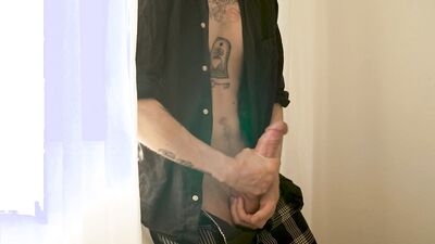 Tattooed guy strokes his huge dick after college class - load moaning and cumshot