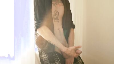Tattooed guy strokes his huge dick after college class - load moaning and cumshot