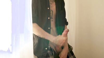 Tattooed guy strokes his huge dick after college class - load moaning and cumshot