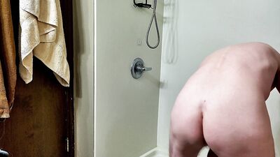 Cleaning the shower then taking a shower - Naked cock and balls bouncing around