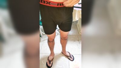 Hot straight guy Cuddly Titan masturbating in flip flops cums intensely