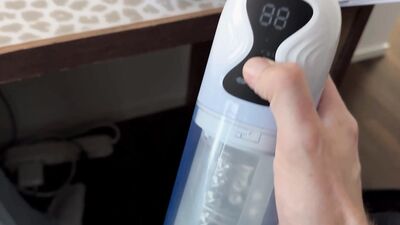 Sex toy review: shooting my thick load in a blowjob simulator with suction and rotation on my uncut cok
