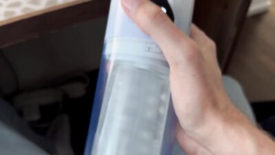 Sex toy review: shooting my thick load in a blowjob simulator with suction and rotation on my uncut cok