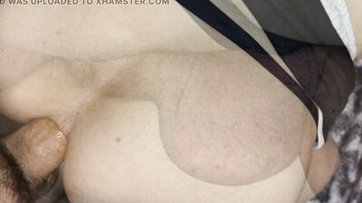 A milky femboy student screams from daddy's big dick from the buzz in his ass without a condom! , Cum