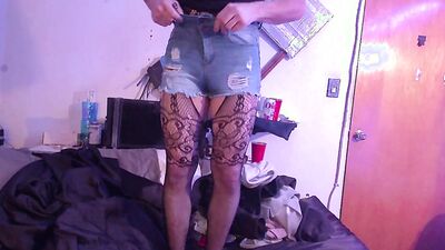 crossdressing sissy teases with big glass toy