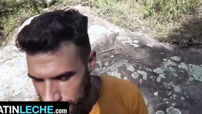Latin Leche - Muscular Amateur Latino With Beard Slobbers And Rides Stranger's Cock Outdoors