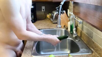 Cum on kitchen table with fruit and veggies anal insertion