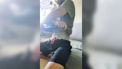 Muscular man shudders and caresses his belly as he comes to cum