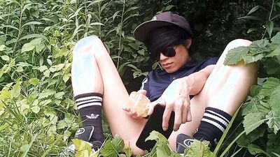 Gay twink Jon Arteen jerks off his cock with an oiled Fleshlight outside his cock leaks precum & cum