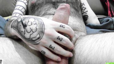 Closeup of Hornyhairy_bi's hard and wet with precum big veiny uncut cock as he edges chatting online