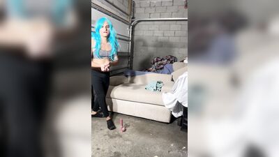 Sexy blue haired and huge dildo