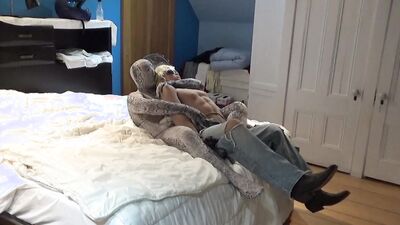 lycra snake has fun with sex doll in jeans and pantyhose