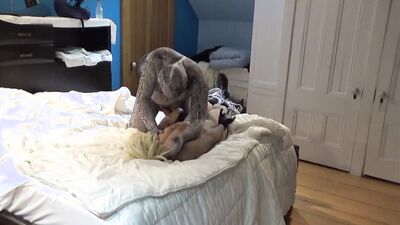 lycra snake has fun with sex doll in jeans and pantyhose