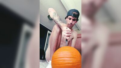 Skinny tatted boy carving & fucks a pumpkin