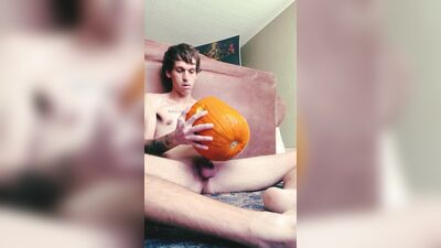 Skinny tatted boy carving & fucks a pumpkin