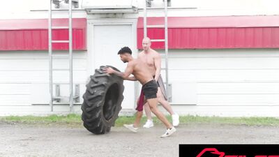 Hot Jock Takes Tractor Tire Challenge And Barebacks Hunk Ass