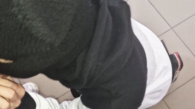 Get on your knees for cum! In public in the entrance of the house, fountains of cum on a sissy femboy!
