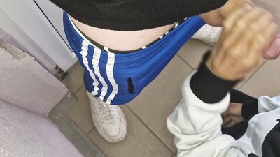 Get on your knees for cum! In public in the entrance of the house, fountains of cum on a sissy femboy!